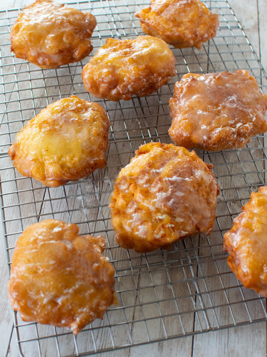 Dairy Free Apple Fritters on a wire rack