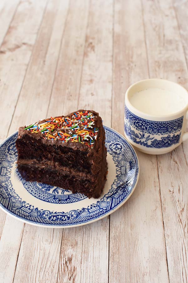 Large slice of Dairy free chocolate cake on a blue and white plate with a blue and white cup of milk on a white wood table