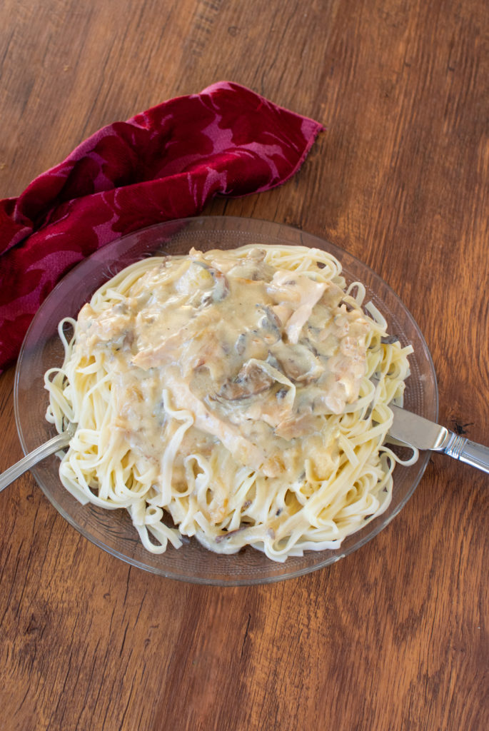 Chicken stroganoff over noodles